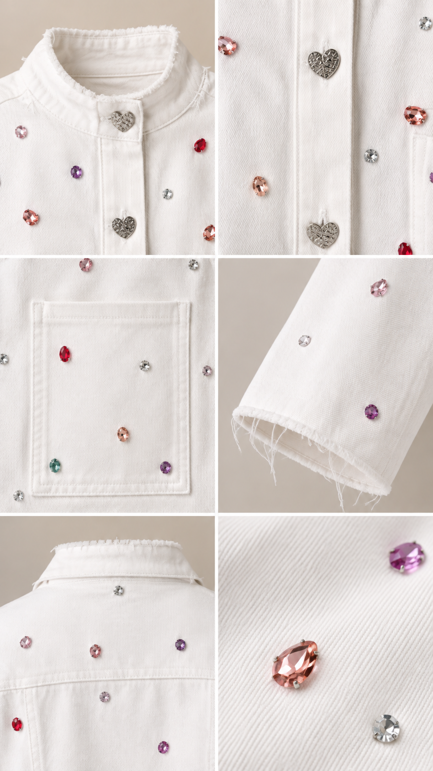 Close-up details of multicolored rhinestones, heart-shaped buttons, and raw frayed hems on white twill fabric