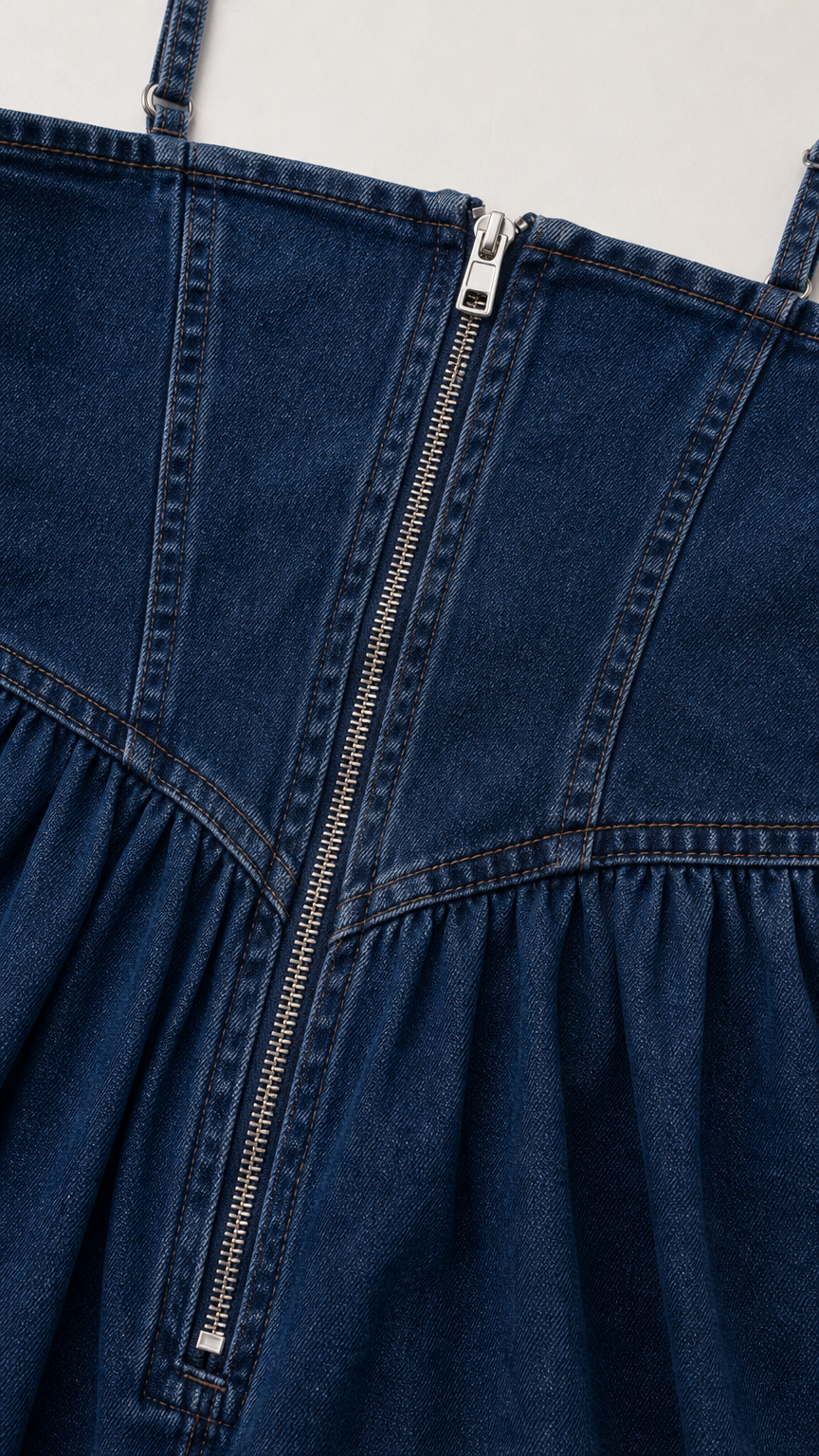 Close-up detail of back zipper and stitching on denim dress