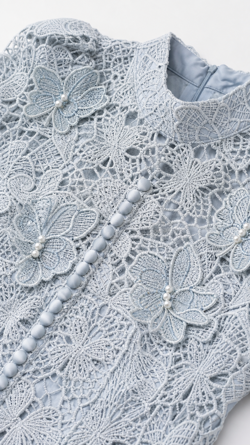 Close-up of lace bodice, high neck, and button details