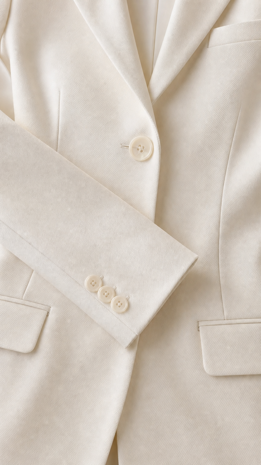 Close-up detail of the white blazer lapel, front button, and cuff buttons