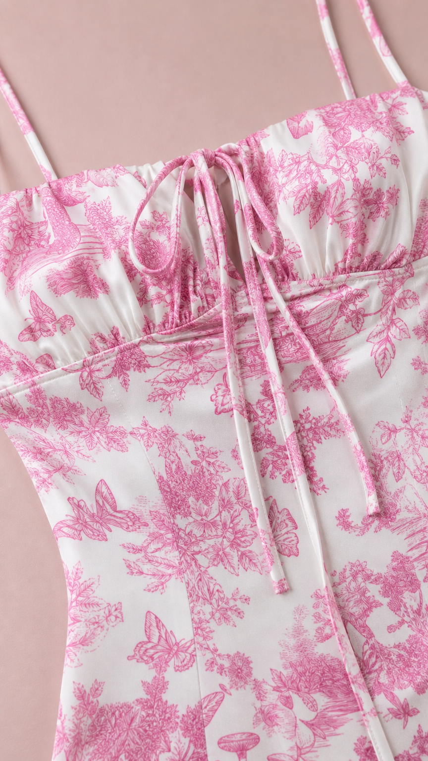 Close-up detail of bodice and tie-front neckline
