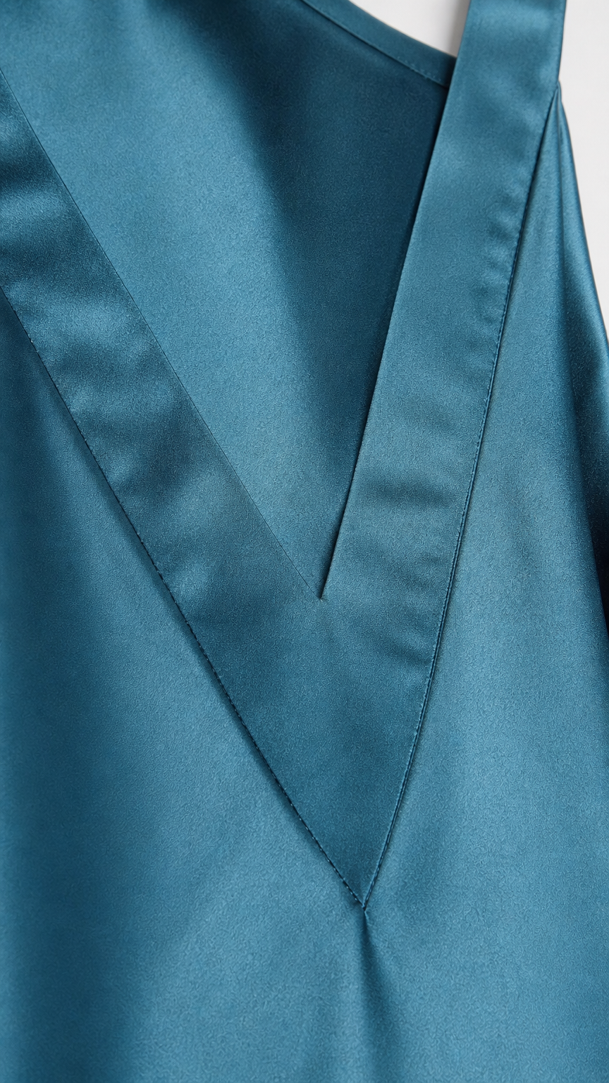 Close-up detail of V-neckline and fabric texture on teal satin dress