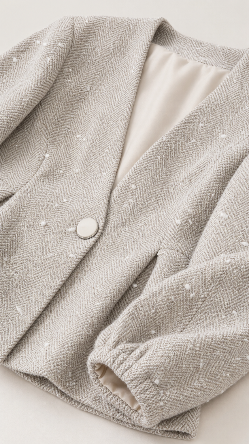 Close-up detail of textured fabric and button on beige blazer