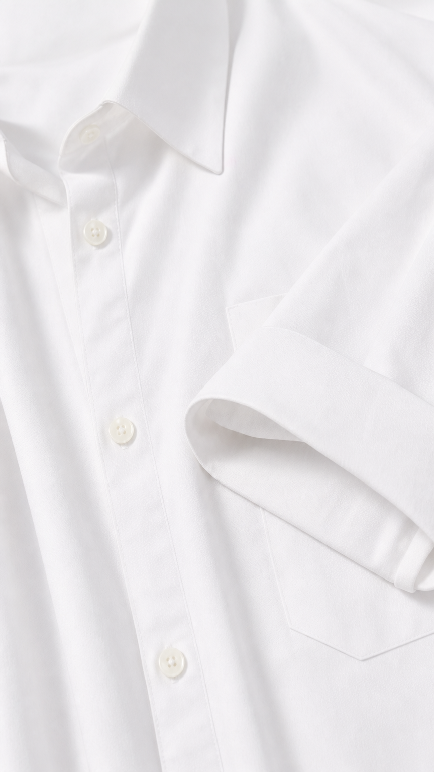Close-up detail of collar, button placket, and pocket on white shirt dress