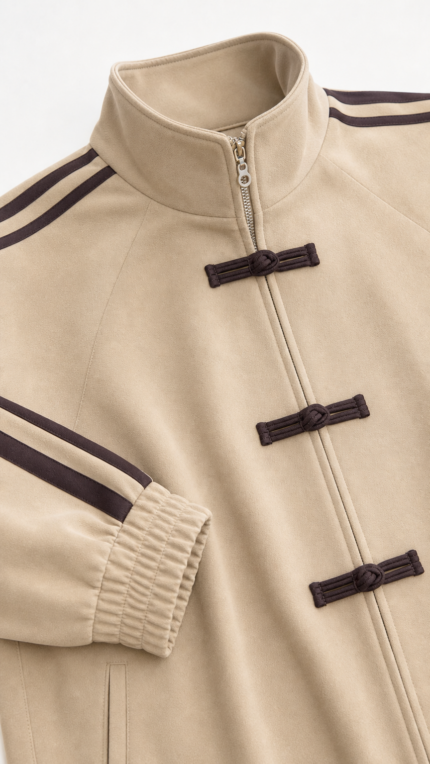 Close-up detail of mandarin collar, front zipper, and Chinese frog closures on tracksuit jacket
