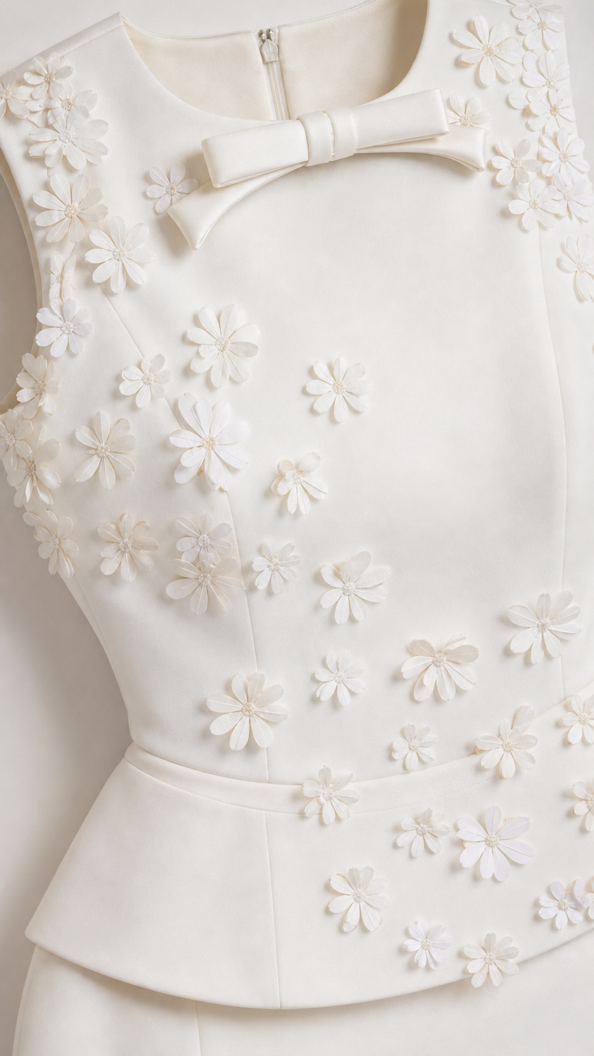 Close-up of shoulder bow and 3D floral appliques on bodice