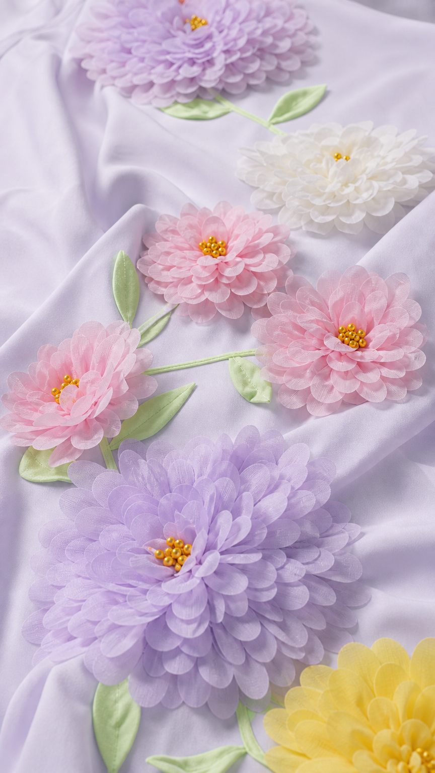 Close-up detail of multi-colored 3D fabric flowers and stems
