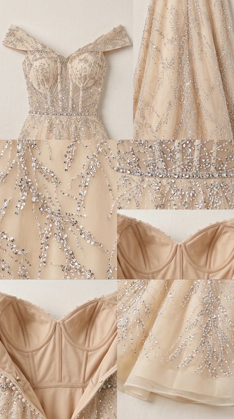 Close-up detail collage showing beaded bodice, structured cups, and sequin embellishments