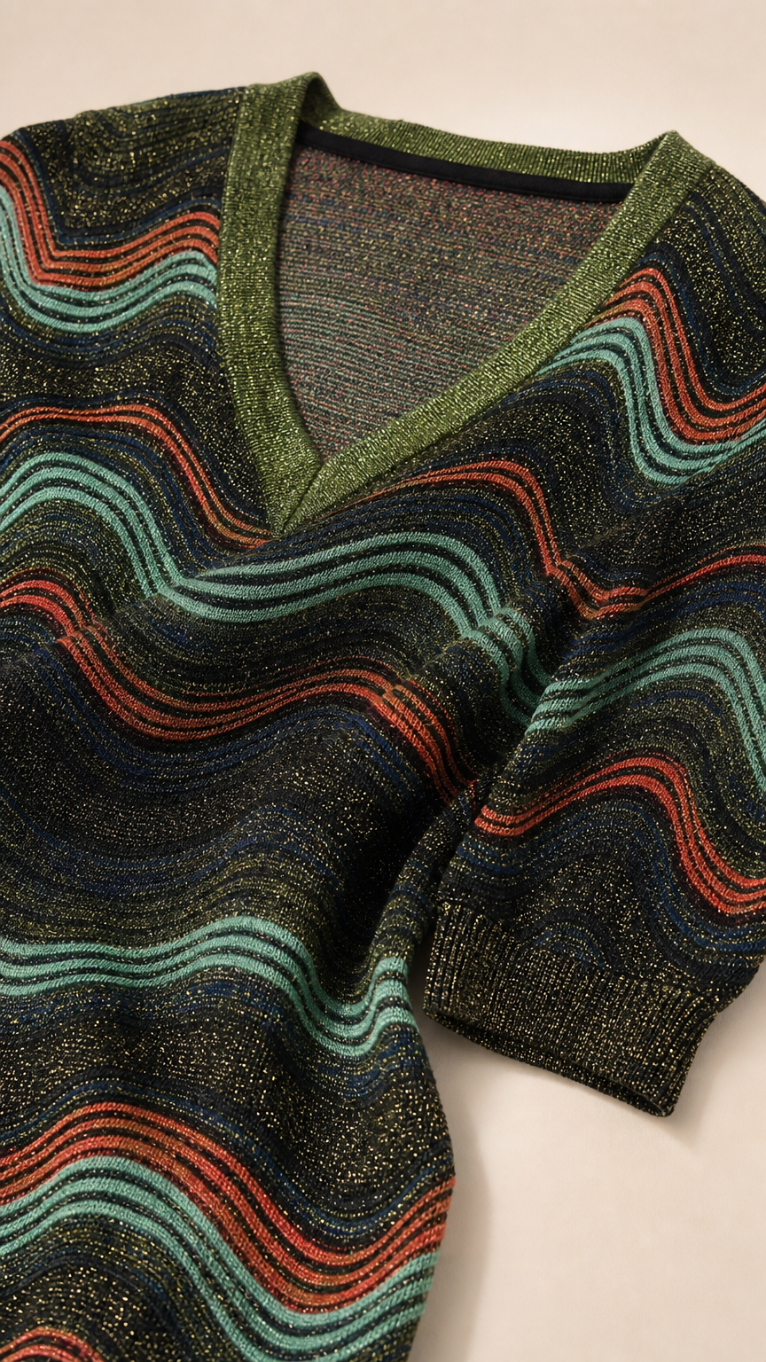 Close-up of V-neck and metallic wave stripe knit texture