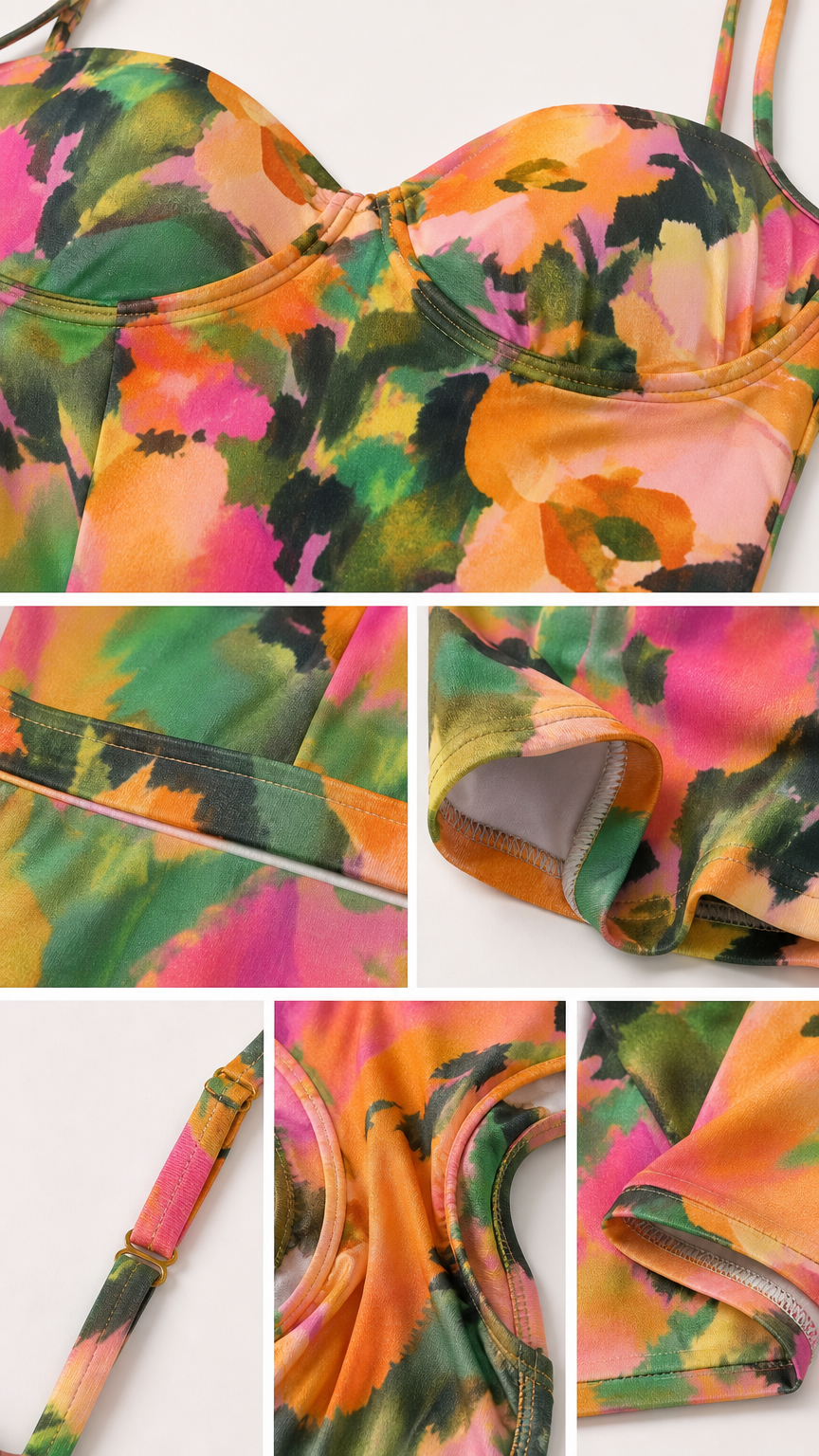 Close-up details of cups, straps, and fabric texture