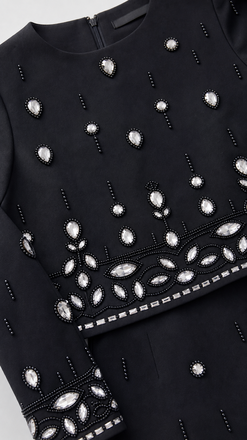 Close-up detail of sparkling crystal rhinestones and beadwork on neckline, hem, and sleeve cuff