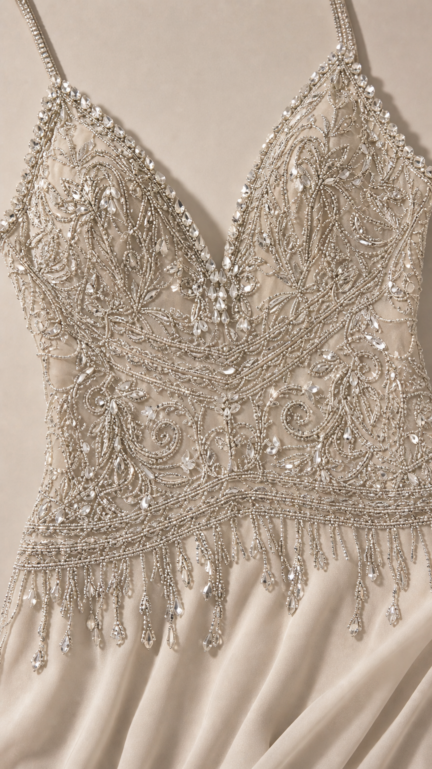 Close-up detail of the heavily beaded and sequined bodice