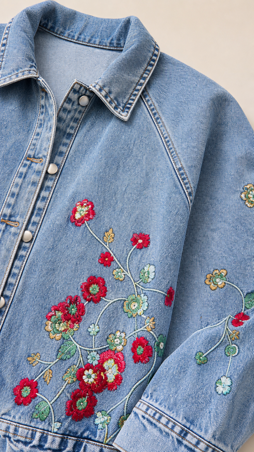 Close-up detail shot of colorful red and green floral embroidery on denim fabric and collar