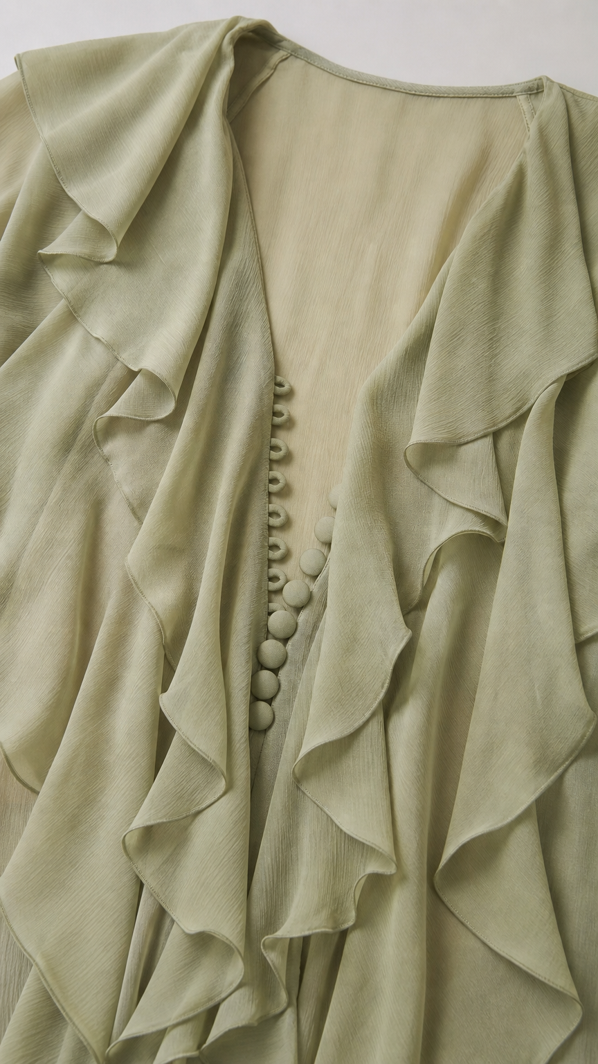 Close-up detail of ruffle collar and button front on sage green dress