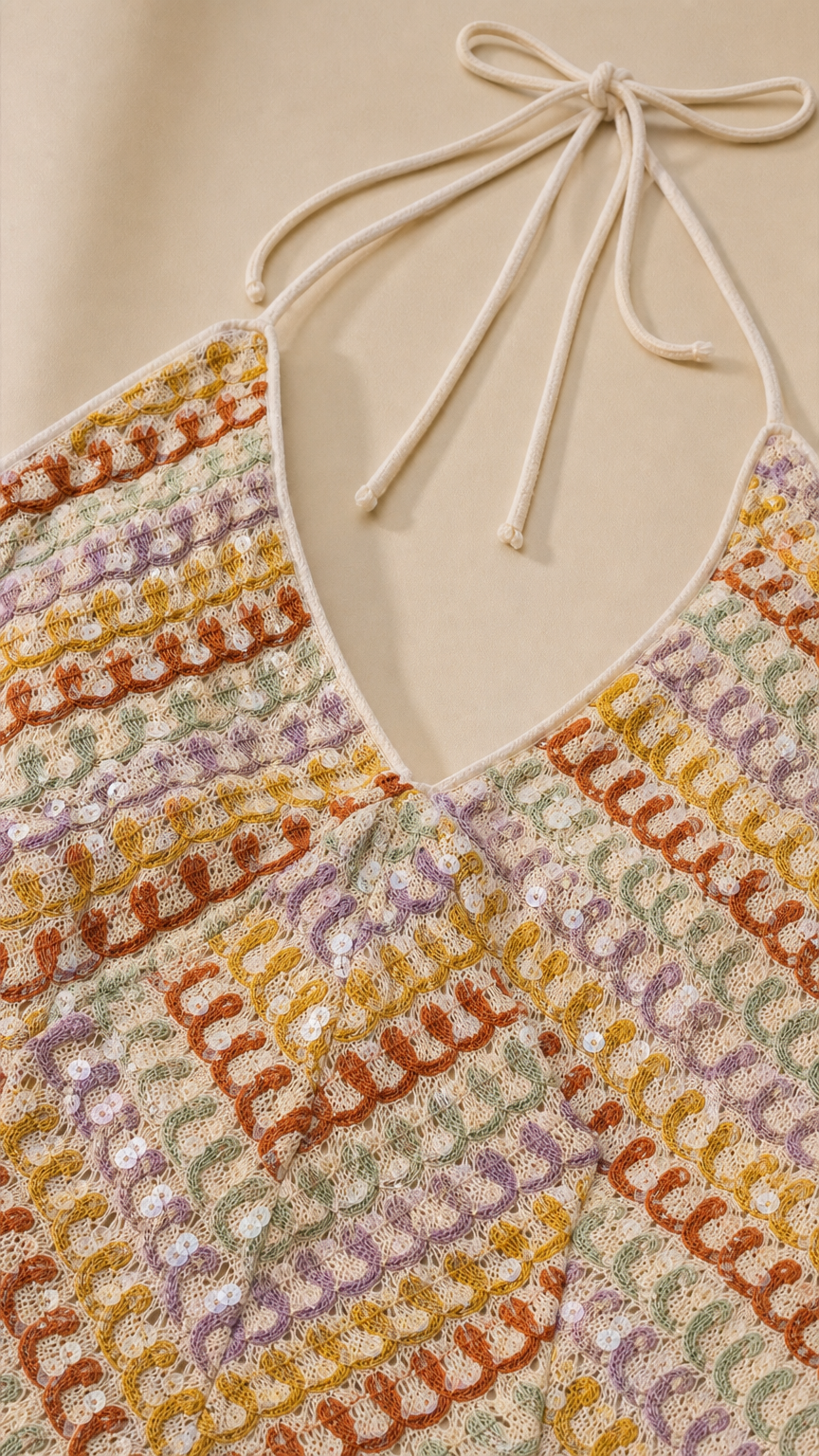 Close-up detail of textured chevron knit pattern and halter neckline