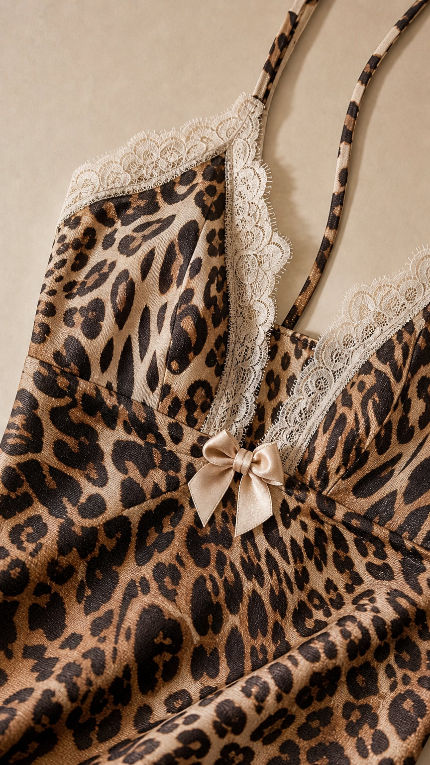 Close-up of lace trim and bow detail on leopard print dress