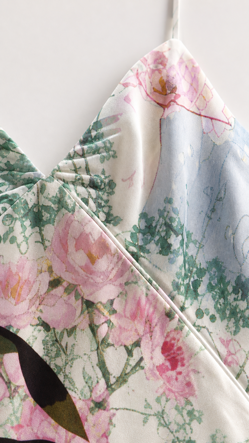 Close-up fabric texture and floral pattern detail of maxi dress