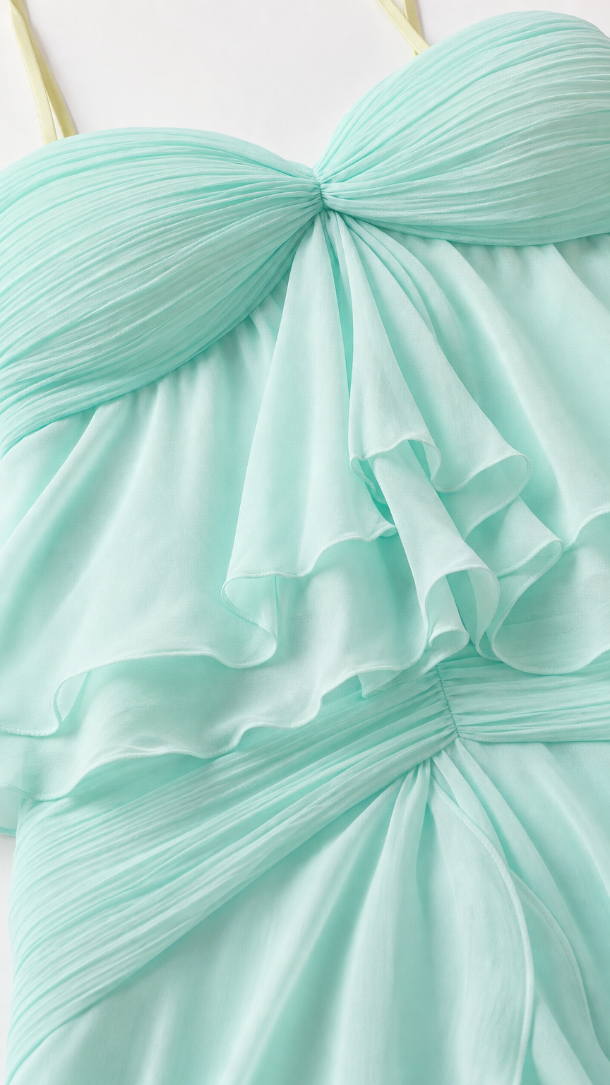 Close-up detail of sweetheart neckline and ruffles on mint dress