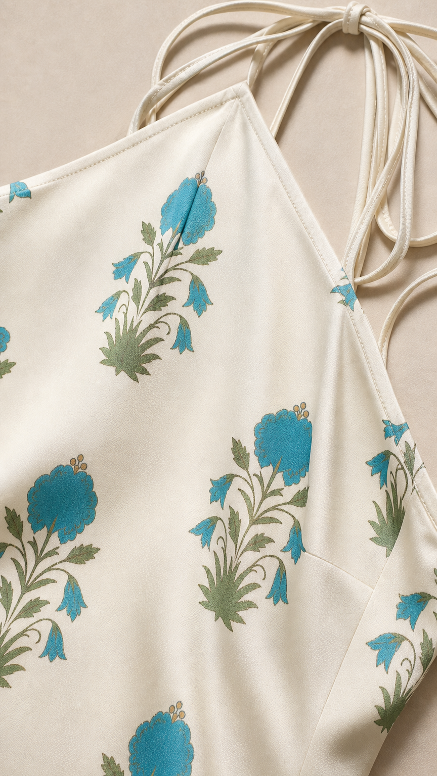 Close-up detail of blue floral pattern on white fabric
