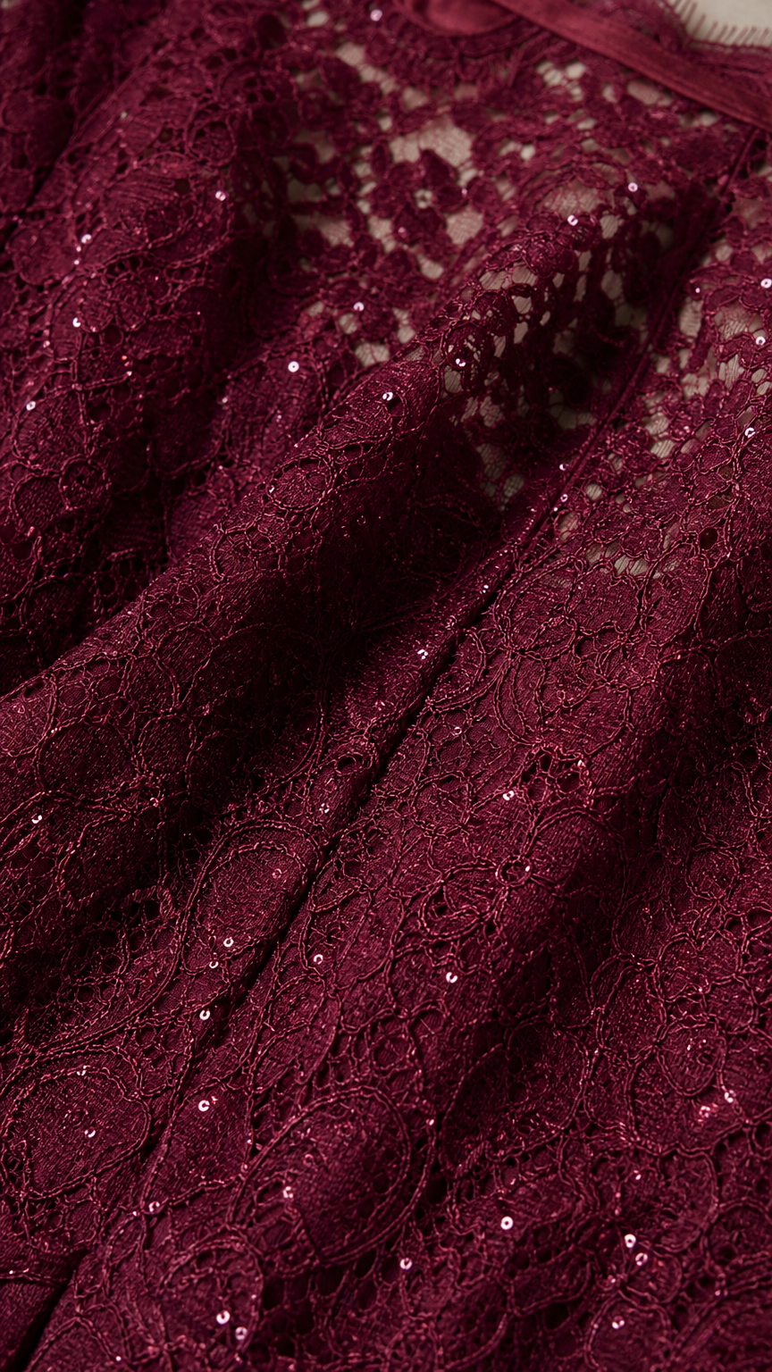 Close-up detail of burgundy sequin lace fabric