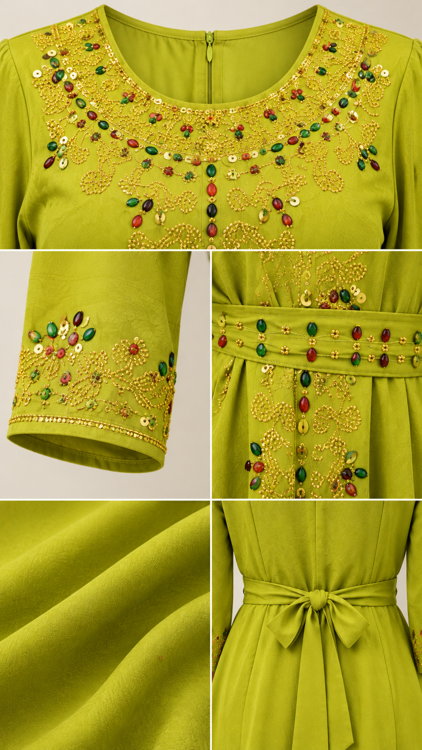 Close-up details of neckline beadwork, sleeve embroidery, waist tie, and fabric texture