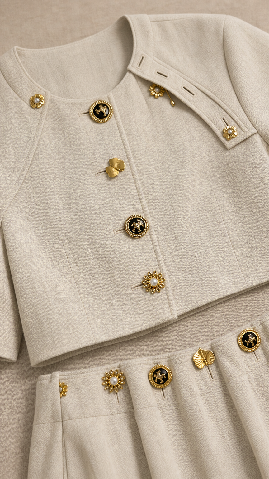 Close-up detail of gold-toned decorative buttons and textured fabric on beige set