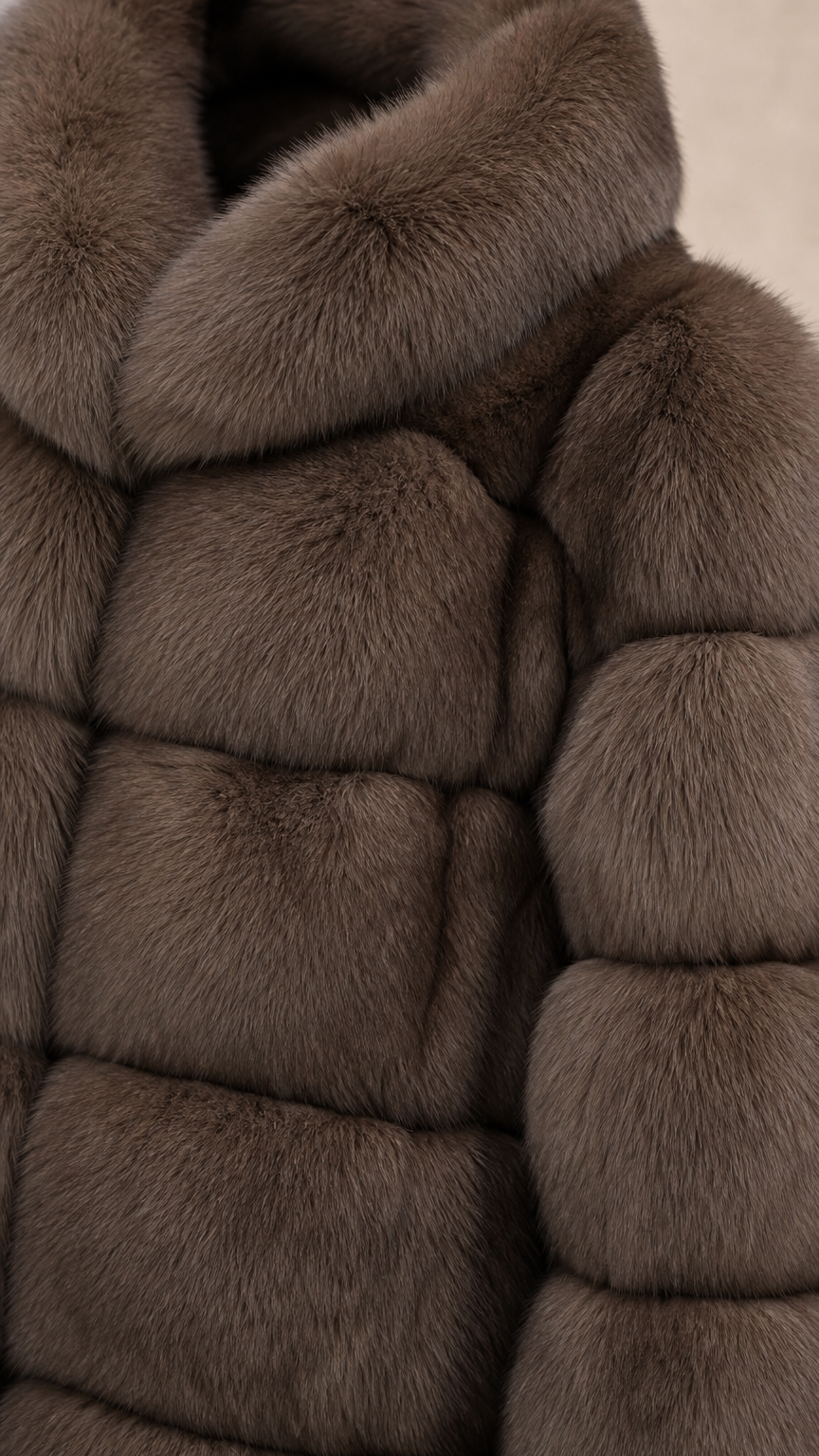 Close-up detail of plush faux fur texture and stand collar in taupe