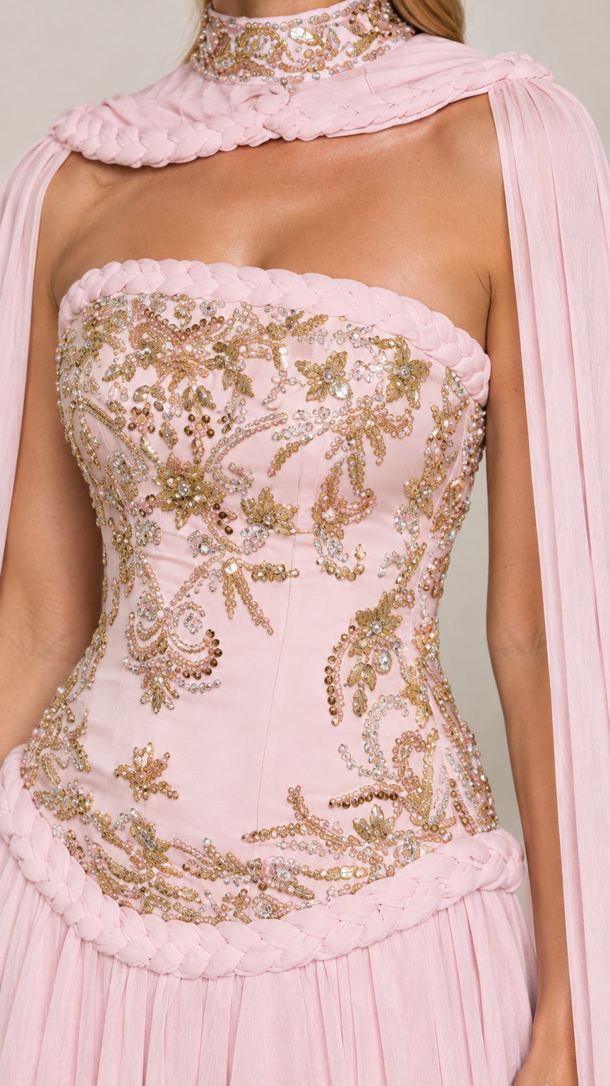 Close-up of gold beaded embroidery and braided waist detail on blush pink corset