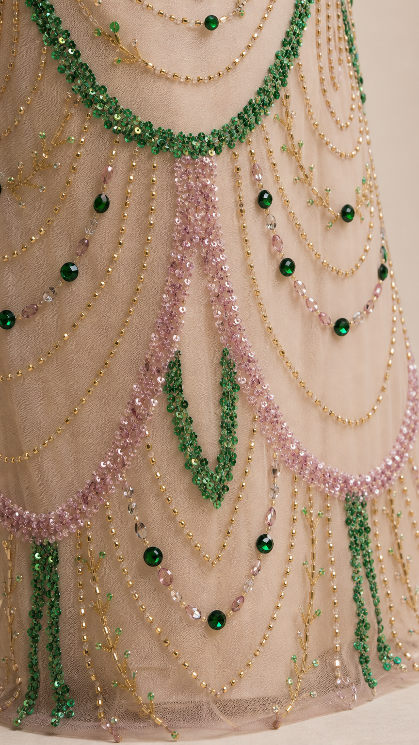 Close-up detail shot of intricate chandelier beadwork and crystal embellishments