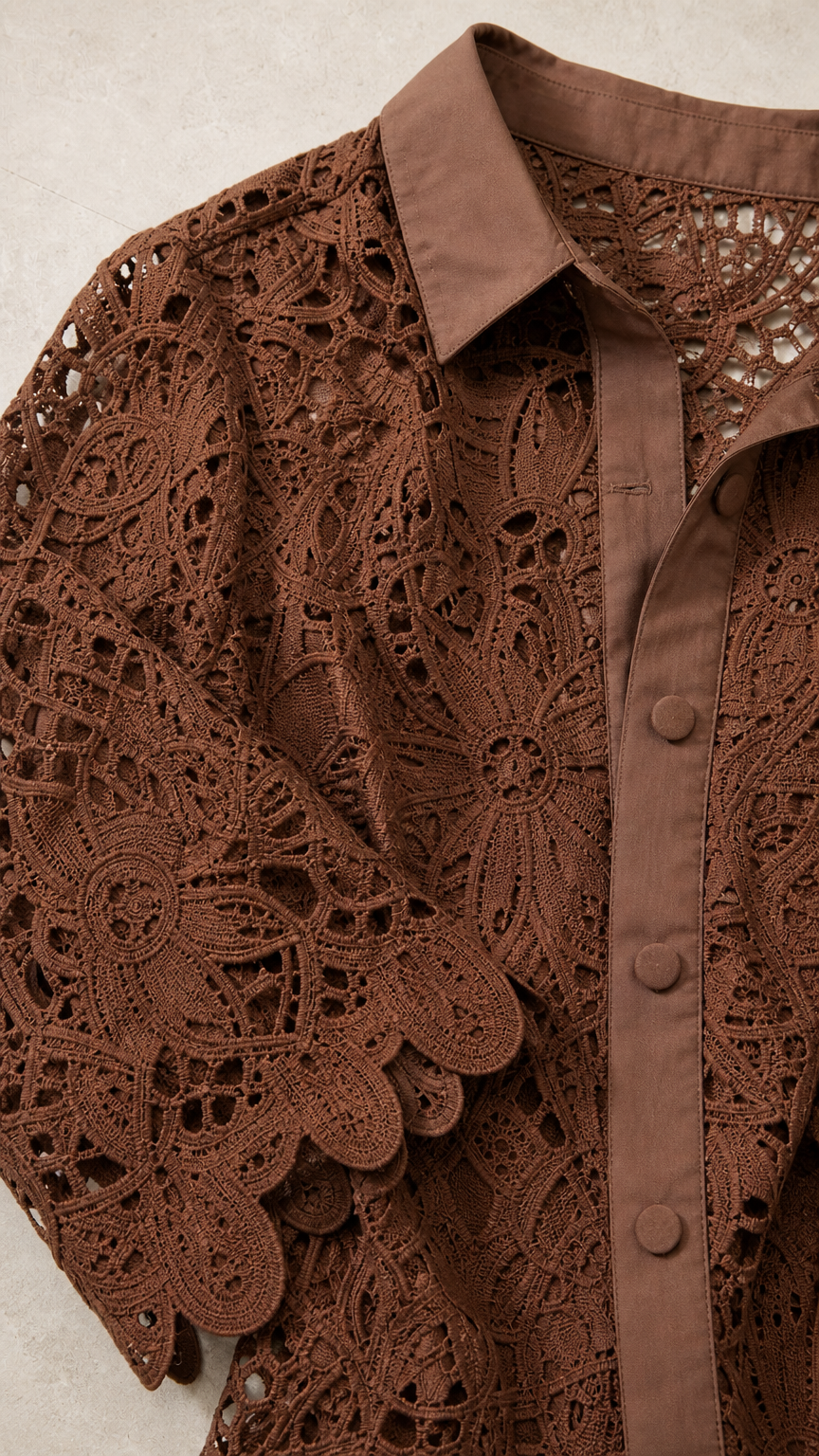 Close-up detail of brown lace collar, buttons, and sleeve hem