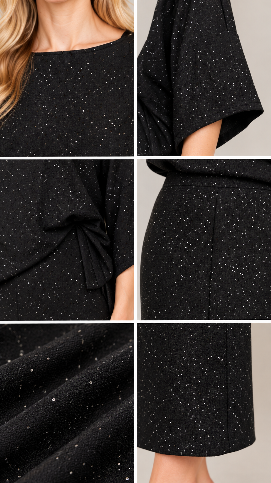 Close-up detail collage showing fabric texture, neckline, sleeve, and side drape of black sparkle set