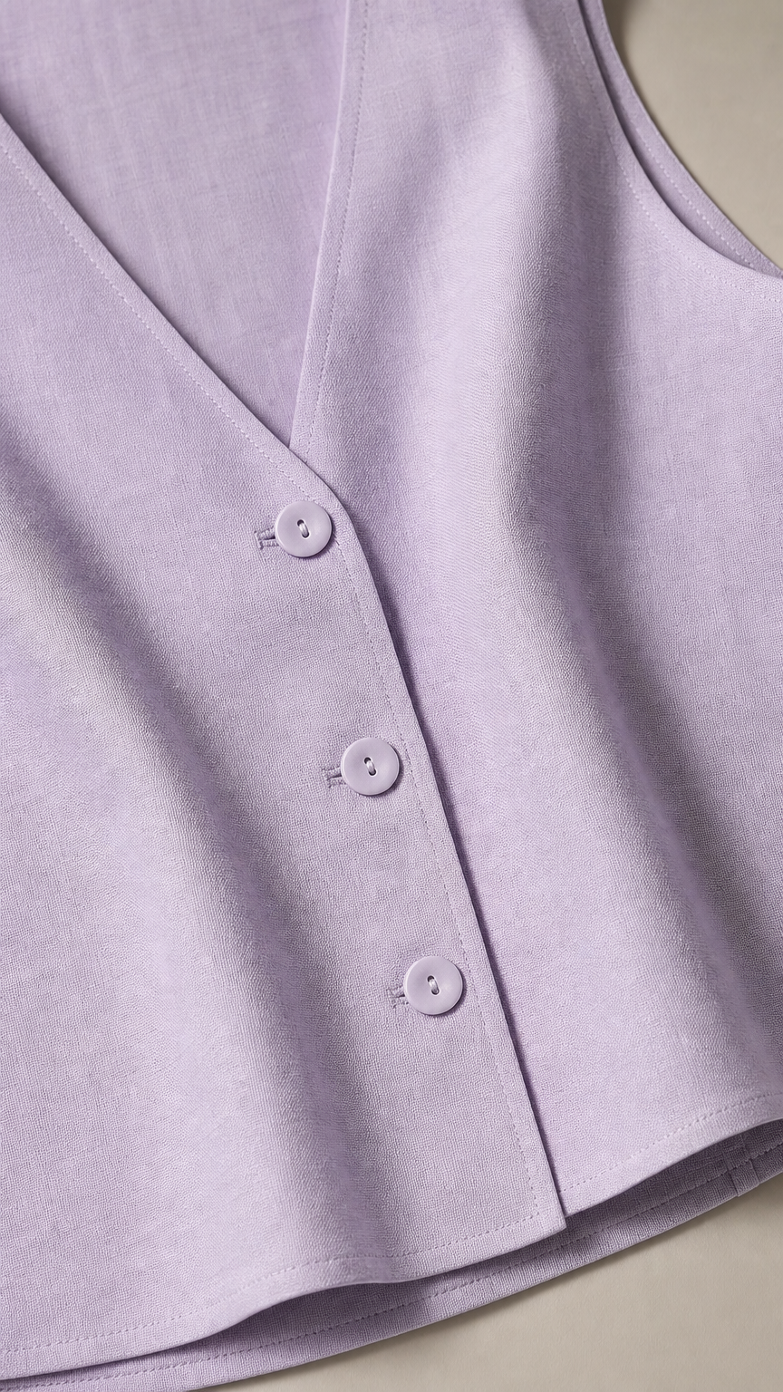 Close-up detail of lavender vest buttons and fabric texture