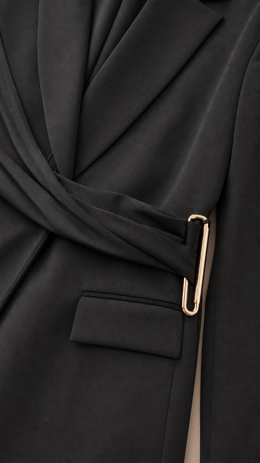 Close-up of wrap waist detail and metallic clasp on black blazer