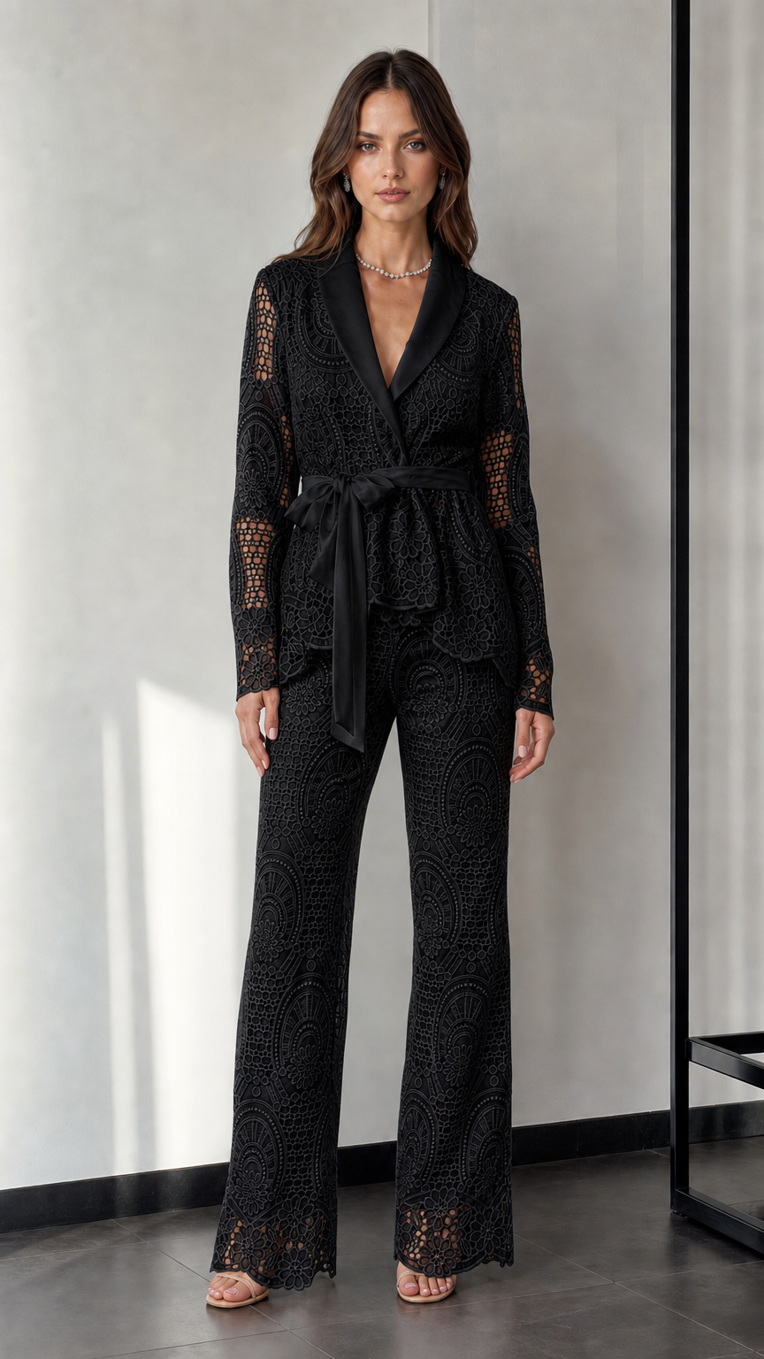 Woman wearing black lace blazer and trousers set