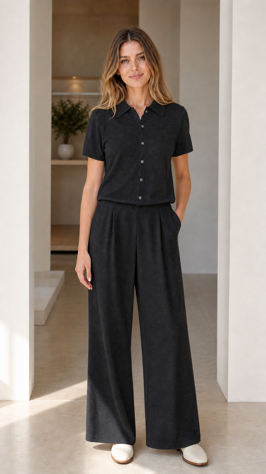 Full-length front view of black short sleeve polo and wide-leg pants matching set