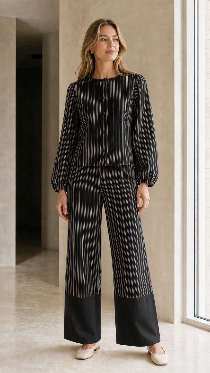 Woman wearing black striped matching set