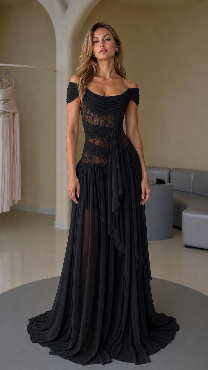 Front view of black evening gown