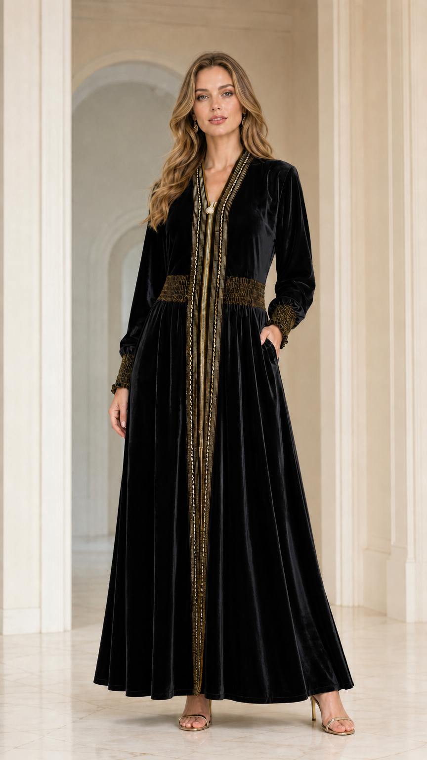 Full front view of model wearing Black velvet embroidered kaftan maxi dress