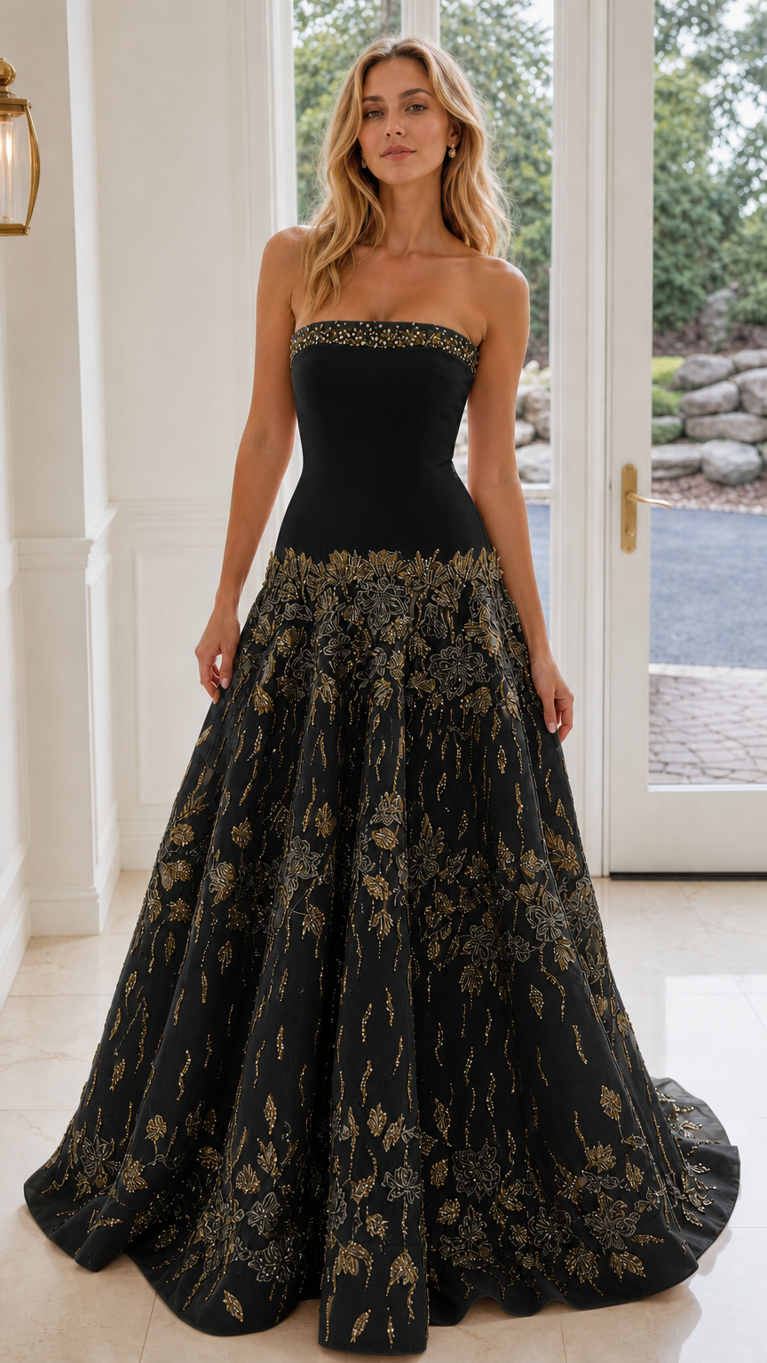 Black strapless formal gown with gold floral bead embroidery