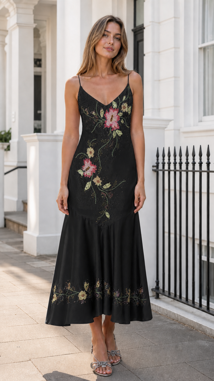 Front view of black satin slip midi dress with floral embroidery