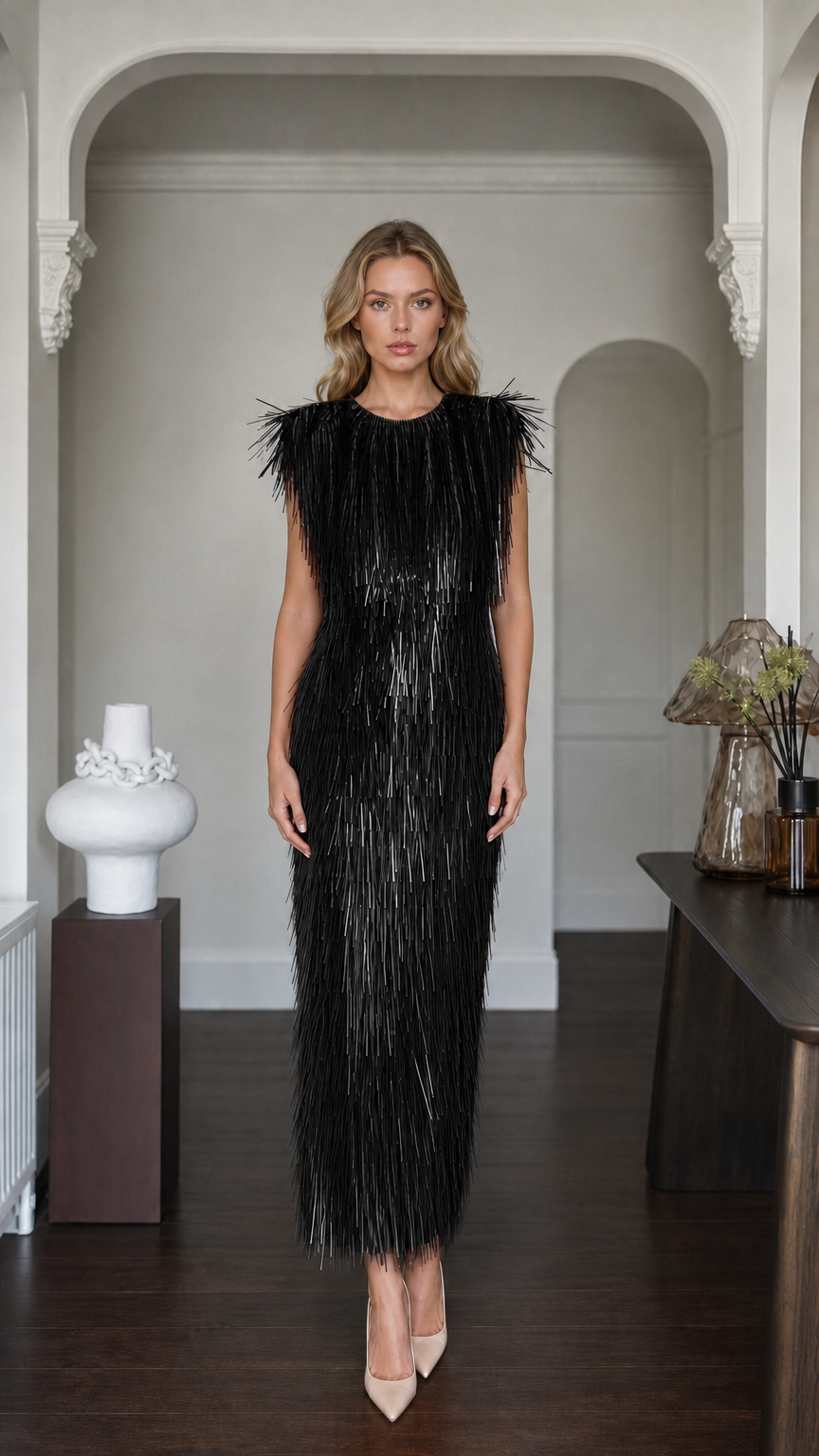 Front view of black fringe maxi dress