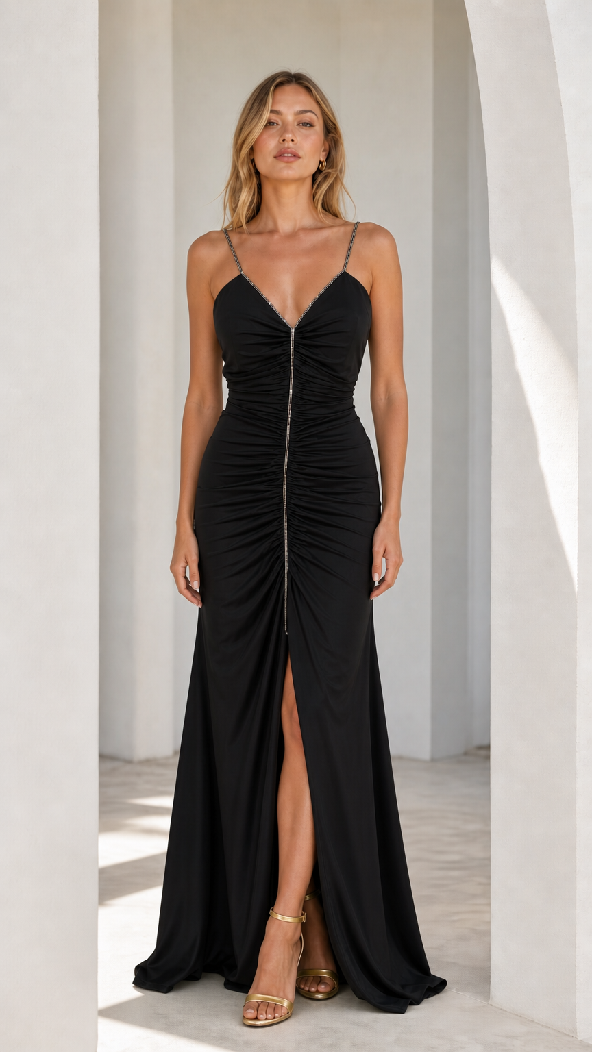 Black Ruched Rhinestone Strap Maxi Dress