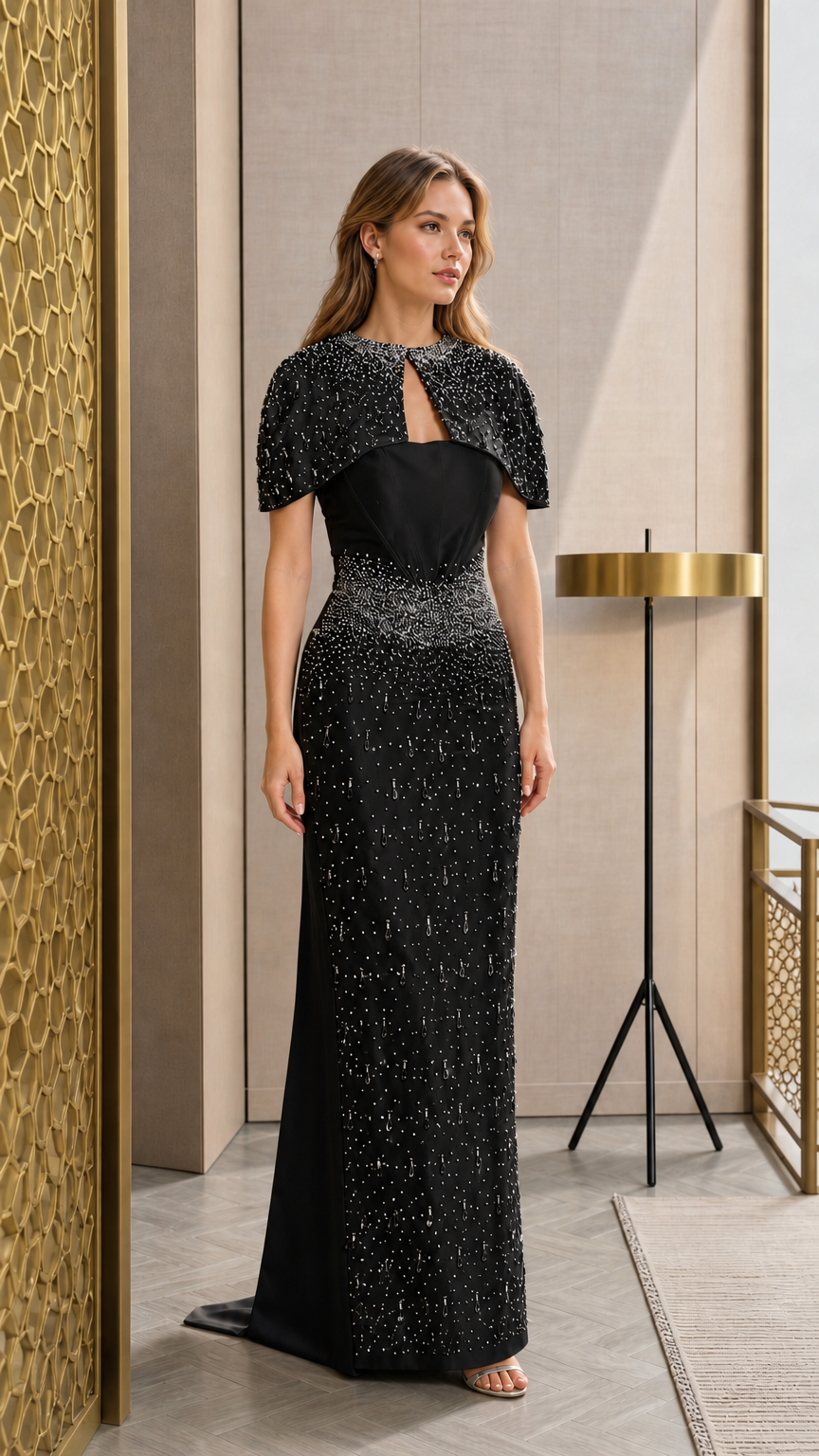 Classic Black beaded capelet formal gown with sweetheart bodice