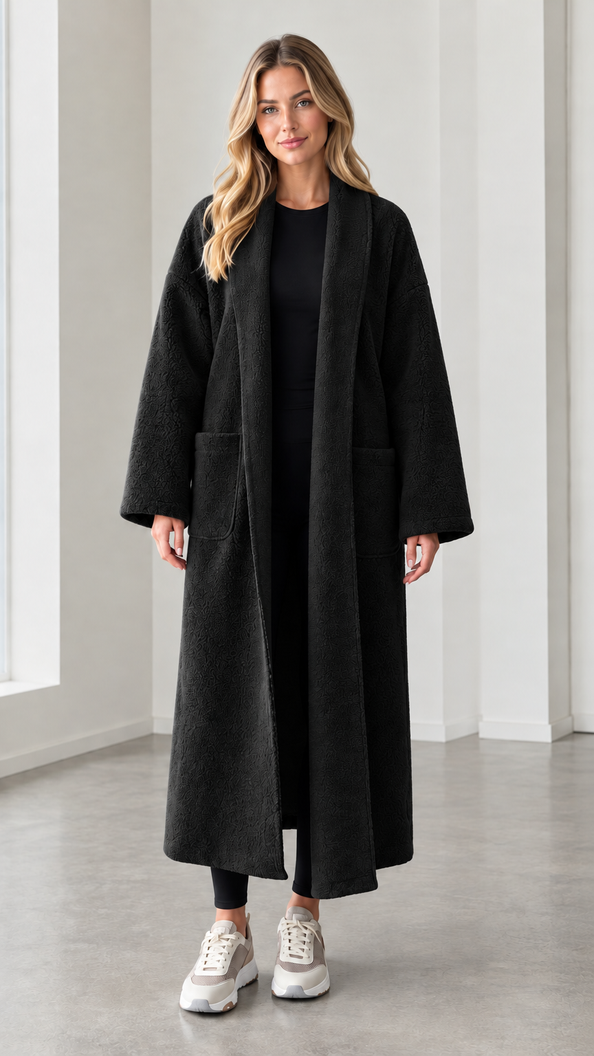 Model wearing black textured longline open front duster coat
