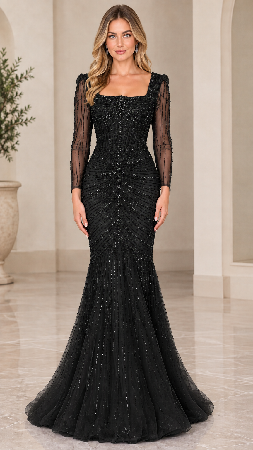 Classic black long sleeve beaded mermaid evening gown