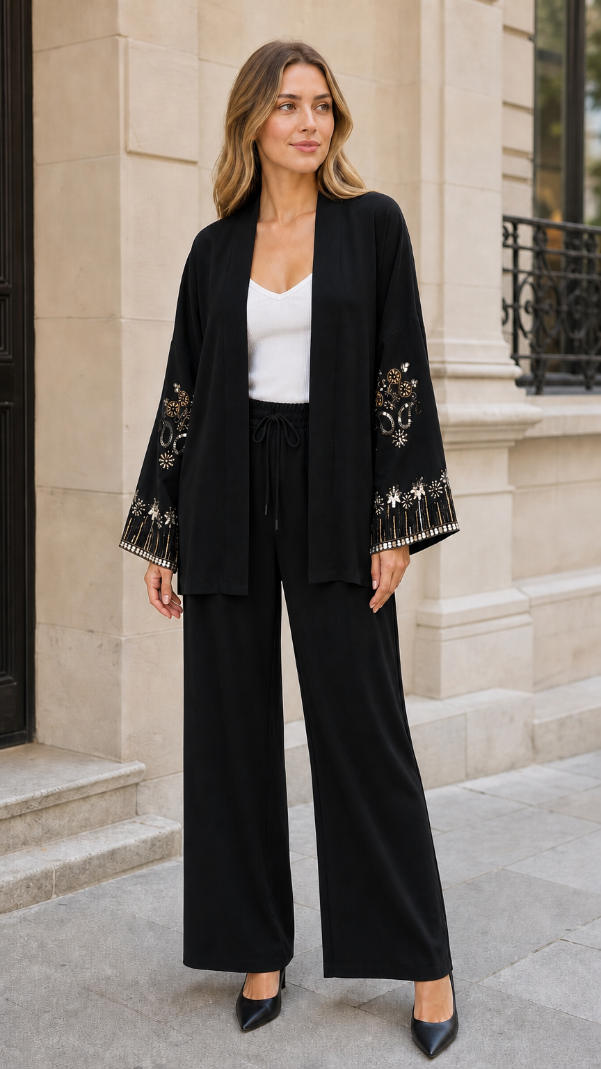Women's embroidered open front cardigan and wide leg pant set in black