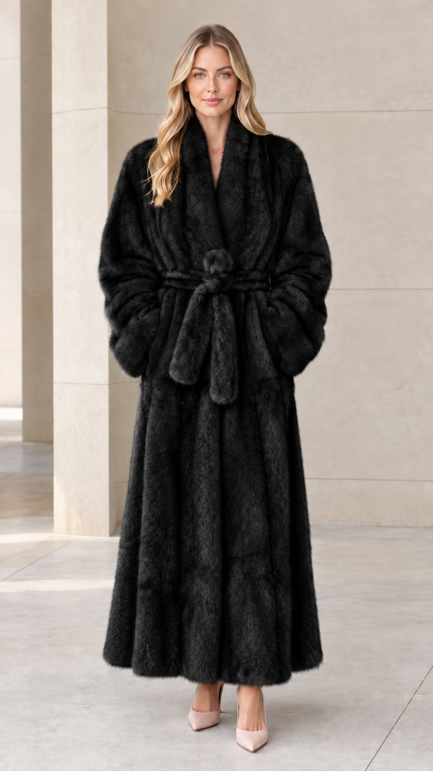 Front view of woman wearing black maxi plush faux fur wrap coat