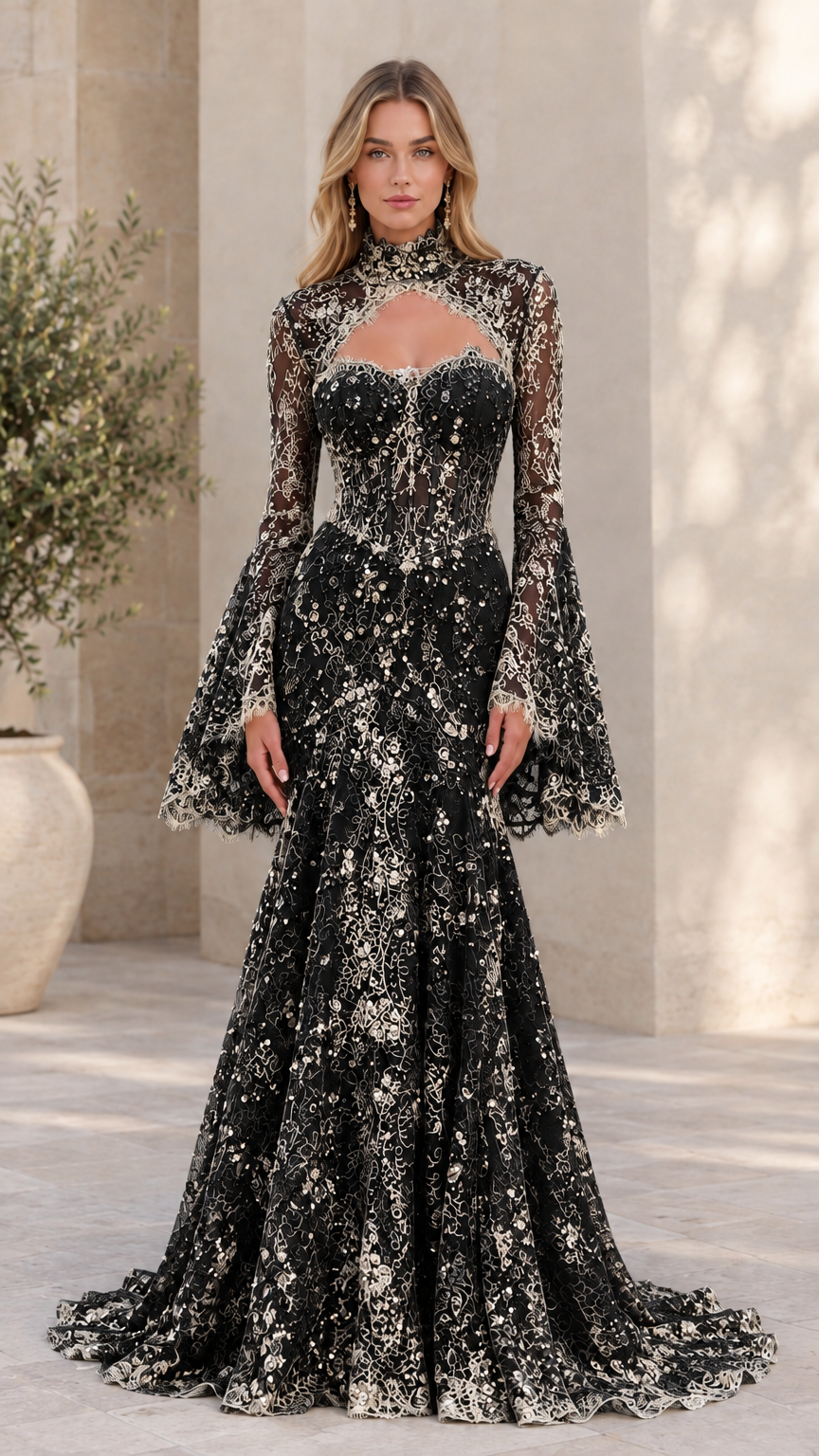 Front view of model wearing black sequin lace high-neck mermaid evening gown with flared sleeves