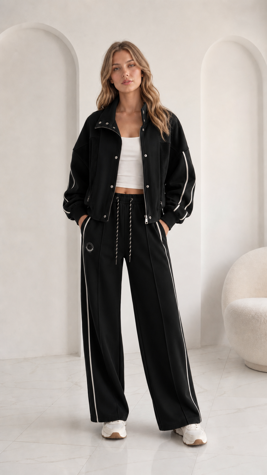 Women's black 2-piece tracksuit set with contrast white stripes
