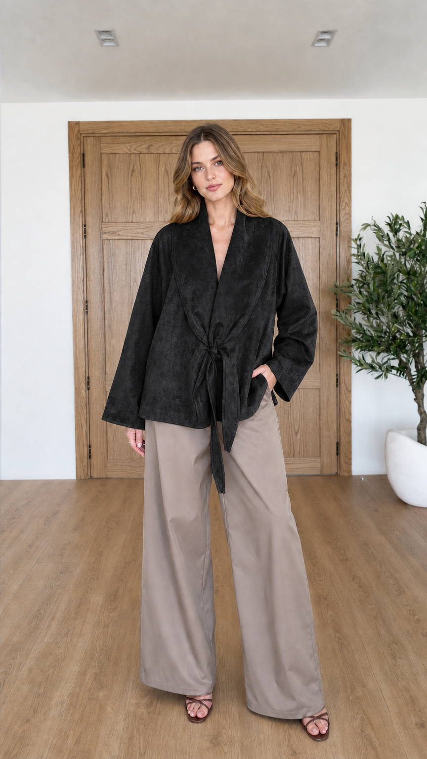Front view of woman wearing Black faux suede tie-front wrap jacket